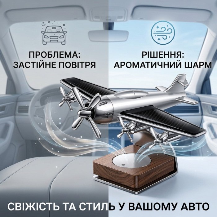 Автомобільний ароматизатор Літак на сонячній батареї Solar Airplane — металевий освіжувач повітря на торпеду з пропелером