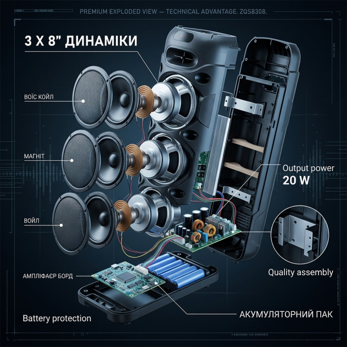 Портативна підлогова колонка SING-E ZQS8308 з трьома 8" динаміками, бездротовим мікрофоном, пультом ДУ, RGB підсвіткою та TWS