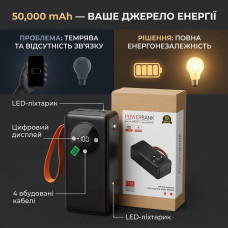 Повербанк 50000 мАг з 4 вбудованими кабелями, LED-ліхтариком та дисплеєм Power Bank — потужний акумулятор 5V/2.1A з ремінцем