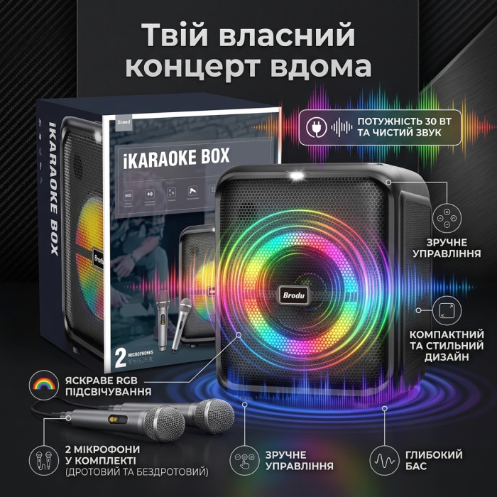 Портативна караоке колонка BTS-1740 30 Вт 8" — бездротова акустична система з 2 мікрофонами (1 бездротовий + 1 дротовий), Bluetooth, RGB