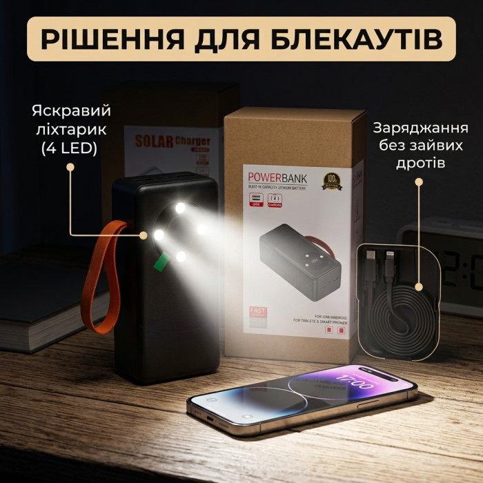 Повербанк 50000 мАг з 4 вбудованими кабелями, LED-ліхтариком та дисплеєм Power Bank — потужний акумулятор 5V/2.1A з ремінцем