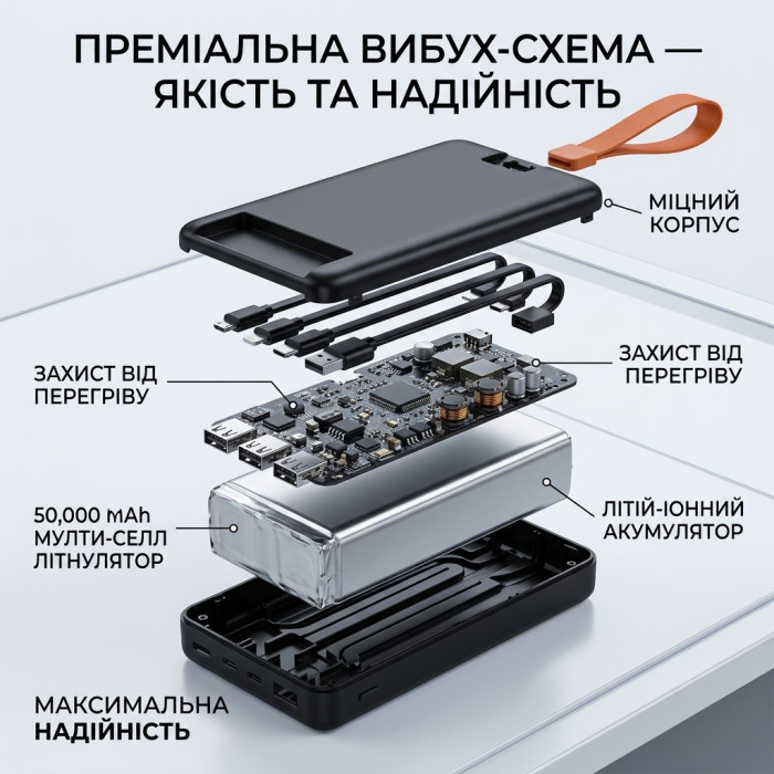 Повербанк 50000 мАг з 4 вбудованими кабелями, LED-ліхтариком та дисплеєм Power Bank — потужний акумулятор 5V/2.1A з ремінцем