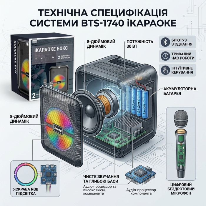Портативна караоке колонка BTS-1740 30 Вт 8" — бездротова акустична система з 2 мікрофонами (1 бездротовий + 1 дротовий), Bluetooth, RGB