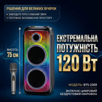 Портативна бездротова підлогова колонка BTS-2369 120 Вт з двома 8" динаміками, бездротовим мікрофоном для караоке, RGB підсвіткою та FM