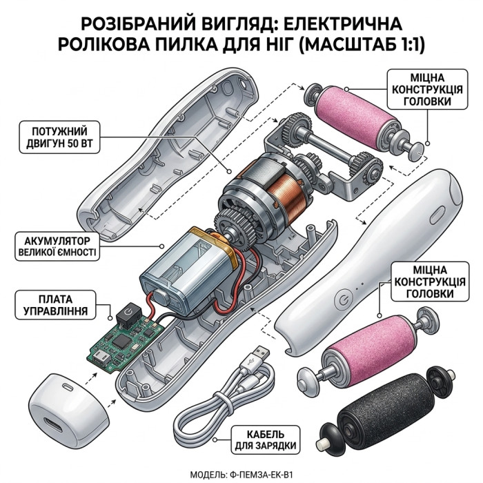 Акумуляторна електрична пемза для стоп і п'ят Flawless Pedi 50W — роликовий апарат для педикюру та видалення огрубілої шкіри ніг з 2 насадками
