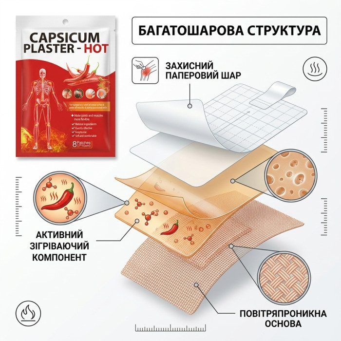 Зігріваючий перцевий пластир від болю в спині, суглобах, шиї та м'язах Capsicum Plaster HOT — знеболювальні протизапальні патчі, 8 шт., 7х10 см