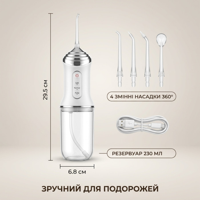 Портативний акумуляторний іригатор для рота A12 — бездротовий зубний флосер для очищення міжзубних проміжків, брекетів та ясен, 4 насадки, USB