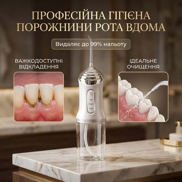 Портативний акумуляторний іригатор для рота A12 — бездротовий зубний флосер для очищення міжзубних проміжків, брекетів та ясен, 4 насадки, USB