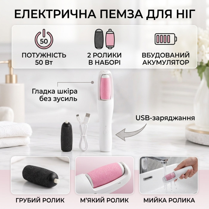 Акумуляторна електрична пемза для стоп і п'ят Flawless Pedi 50W — роликовий апарат для педикюру та видалення огрубілої шкіри ніг з 2 насадками