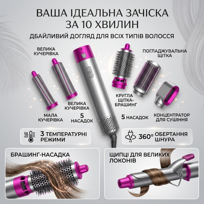 Багатофункціональний фен-щітка стайлер для волосся HAIR BRUSH 5в1 1000W з іонізацією насадками для завивки в кейсі срібло