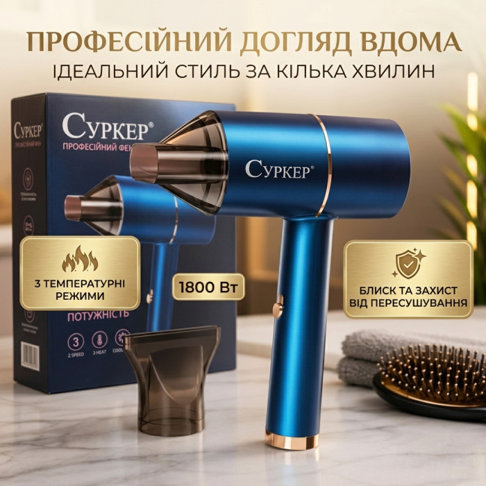 Потужний складний фен для волосся SURKER 3501 1800W з іонізацією та насадкою-концентратором компактний дорожній синій