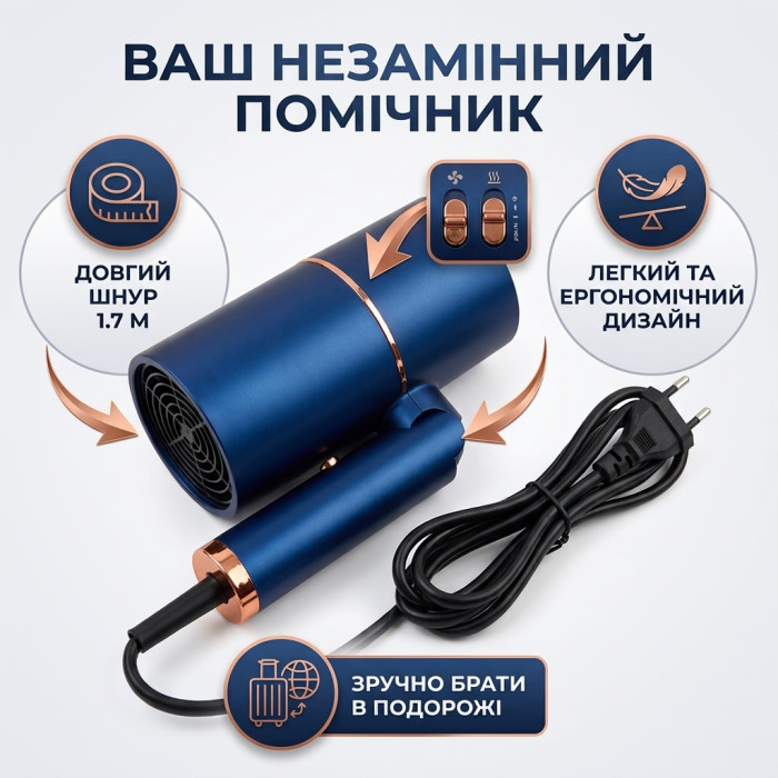 Потужний складний фен для волосся SURKER 3501 1800W з іонізацією та насадкою-концентратором компактний дорожній синій