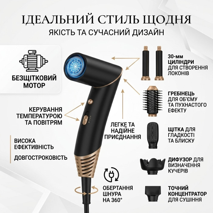 Багатофункціональний фен-щітка мультистайлер для волосся 6 в 1 з насадками іонізація 1000W стайлер для завивки та об'єму