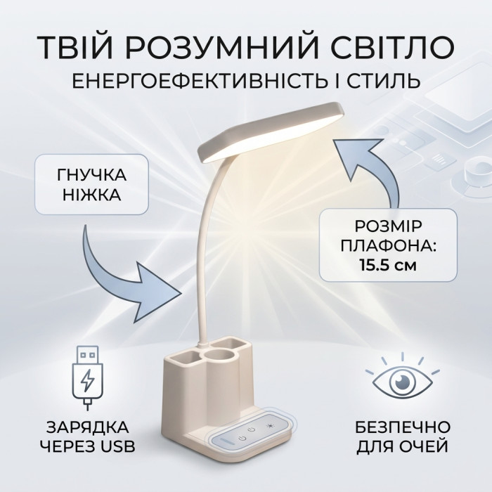 Акумуляторна настільна LED-лампа QP-2209-B з органайзером та гнучкою ніжкою (3W, 600 lm, 30 LED), біла
