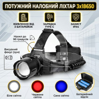 Потужний налобний ліхтар Bailong 3x18650 Type-C PM10-TG із зумом