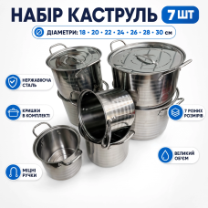 Набір каструль з нержавіючої сталі 7 в 1 (18–30 см) з кришками — Великий кухонний комплект