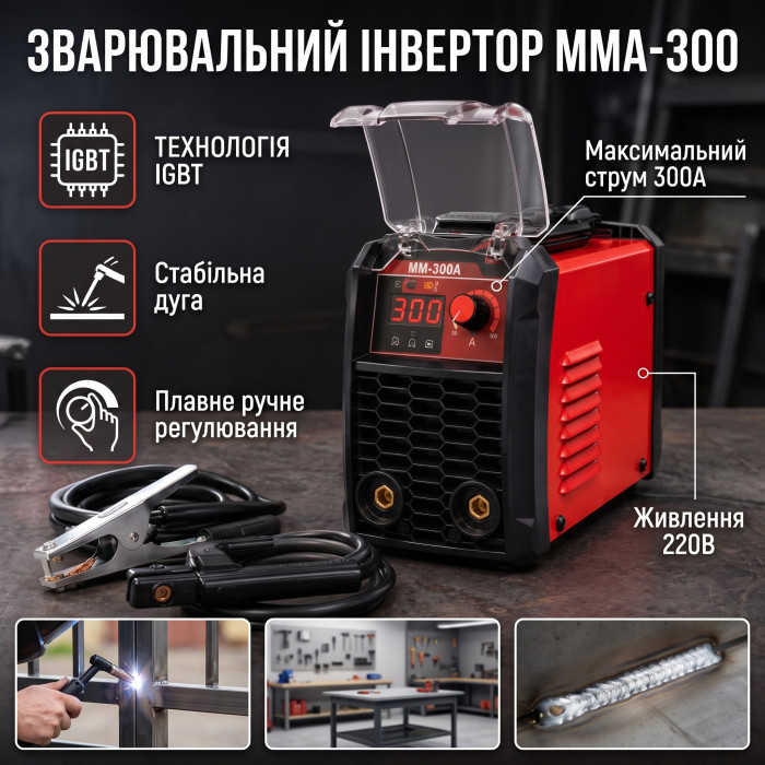 Зварювальний інвертор MMA-300A (IGBT) з відкидною захисною кришкою — Апарат для ручного дугового зварювання 220V (комплект з кабелями та щитком)